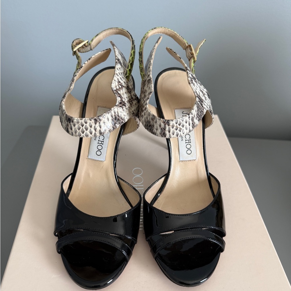 Jimmy Choo Black Patent Leather Heels with Snakeskin Ankle Strap - Picture 4 of 8